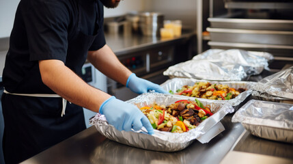 The chef in restaurant kitchen finishes the food ready for delivery in takeaway packages