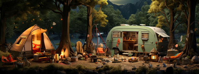 Naklejka premium Caravane et tente de camping en jouet vintage