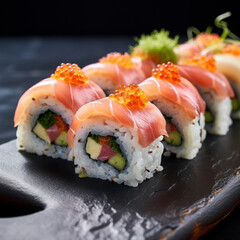 Japanese sushi on a dark background close up