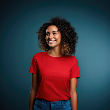 Generative AI image of smiling curly woman in red shirt