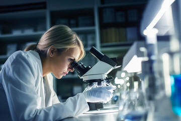 Generative AI depiction of focused scientist using microscope