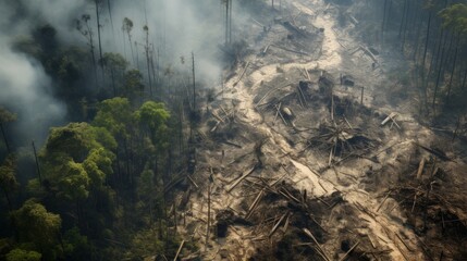 The drone captures a devastating aerial view of illegal deforestation and rampant destruction of the rainforest, causing irreparable damage to the forest ecosystem.