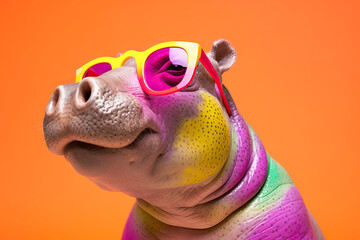 Generative AI image of a colorful hippopotamus with sunglasses