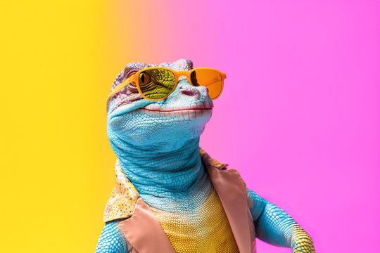 Generative AI image of stylish gecko with sunglasses