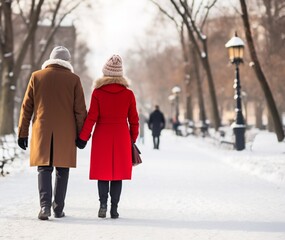 A Couple Walking Down a Snowy Street
