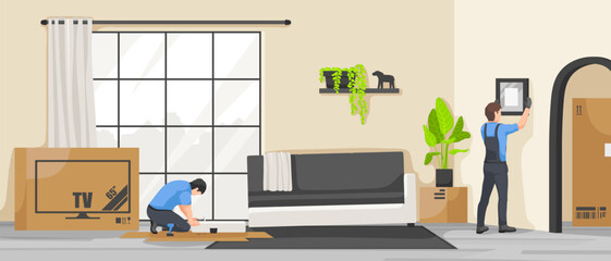 Cartoon flat interior, worker moving furniture and installing sofa and tv in new house. Home relocating, apartment movement. Indoor property relocation. Vector illustration
