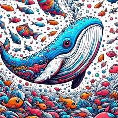 ポップなクジラのアート作品。カラフルな魚たちと楽しそうに泳ぐくじら