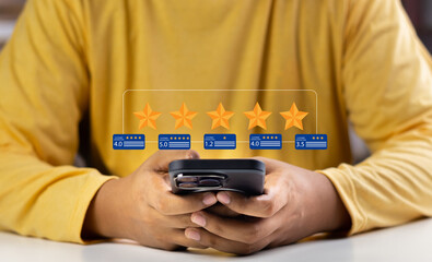Online customer satisfaction Survey service concept, client rate service from experience in application,Consumer give five-Stars and feedback review for quality, Business reputation ranking from buyer