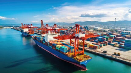 Fototapeta premium aerial view of Logistics and transportation of Container Cargo ship with working crane bridge in shipyard , logistic import export and transport industry background