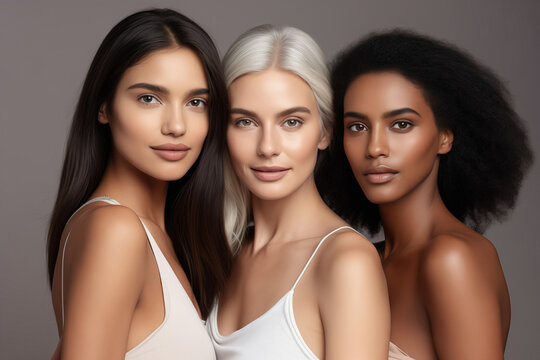 Multiethnic portrait of beautiful young women of different ages in studio. Concept beauty skin care