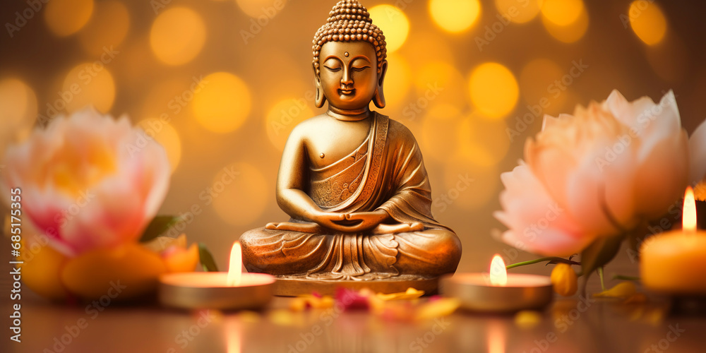 Wall mural buddha statue meditate with golden aura on yellow lotus background with light bokeh. banner vesak da
