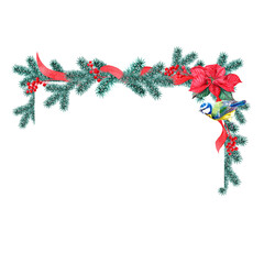 Aquarelle banner with blue fir paws, Poincettia, red berries and ribbons with titmouse bird on it. Copy-space for seasonal Christmas design