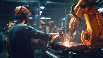 engineer Technician worker using tablet controlling robot in factory