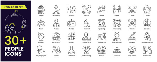 People Stroke icon collections. Containing group, family, human, team, community, friends, population, senior, businessman, and children icons. Stroke icon collection Outline icon