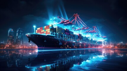 Night view of the large container ship in the container port. Tracking of loading and delivery. Logistics solutions in the future.