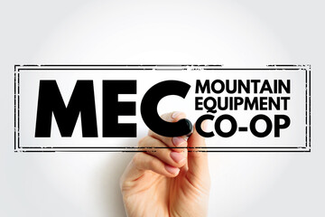 MEC - Mountain Equipment Co-Op acronym text stamp, concept background