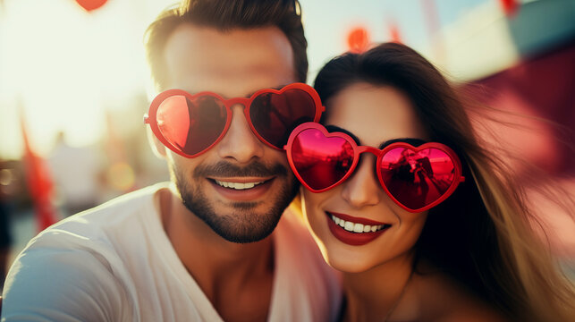 Selfi portrait of a romantic young couple wearing heart shaped glasses