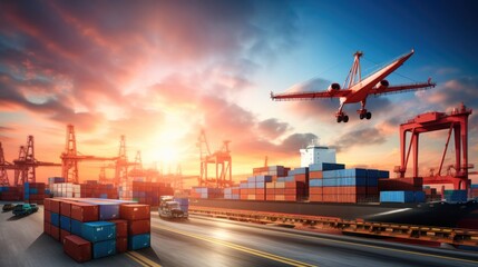 Fototapeta premium aerial view of Logistics and transportation of Container Cargo ship with working crane bridge in shipyard , logistic import export and transport industry background