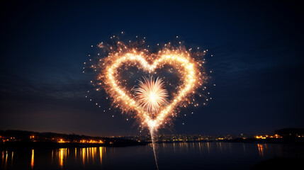 heart shaped fireworks over a lake in the night - obrazy, fototapety, plakaty