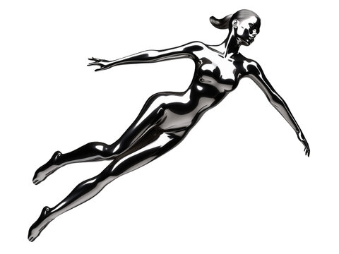 Y2K futuristic chrome woman body isolated. Melty gloss silver metal woman flying. Chrome element
