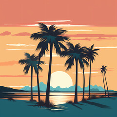 a minimalist coastal scene with a row of palm trees and a vibrant sunset