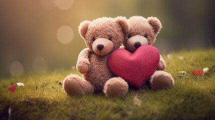 Two stuffed plush bears holding a heart and sitting in the grass - obrazy, fototapety, plakaty