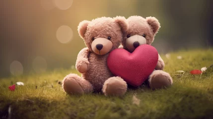 Fotobehang Two stuffed plush bears holding a heart and sitting in the grass © Flowal93