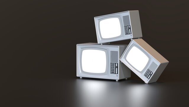 t&eacute;l&eacute;viseur vintage acier et m&eacute;tal sur un fond transparent, &eacute;crans vierges - FAUX LOGO invent&eacute; sur la TV