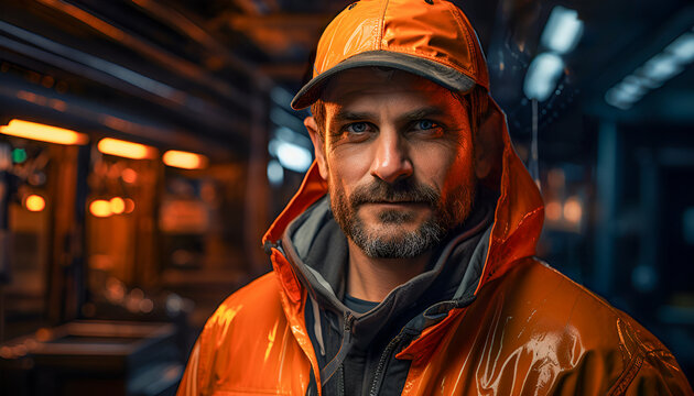 Portrait of adult man fisherman wearing orange coloured raincoat. 