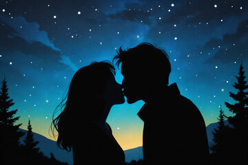 2D silhouette of a couple sharing a kiss against a starry night