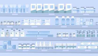 Pharmacy collection. Blue and white colors. Various drugs and pills. Health and medical care. Hospital or clinic drugstore interior. Pharmaceutical business. Vector illustration