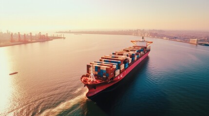 Fototapeta premium aerial top view of a container ship in the ocean, serving as a vital link for global business logistics, freight shipping,