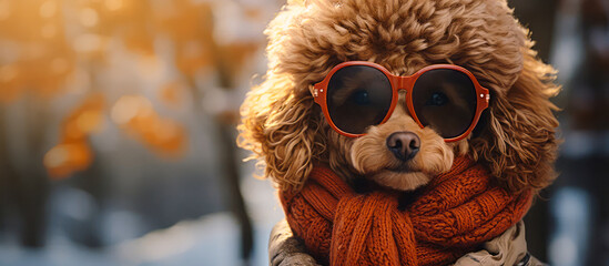 Cute dog in winter clothes and sunglasses on a snowy background. - obrazy, fototapety, plakaty