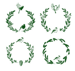Bullfinches on spruce and pine branches, holiday wreaths, sketch illustrations of birds, floral compositions, design elements