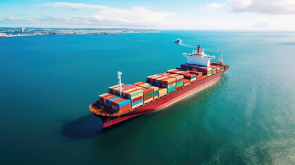 Fototapeta premium aerial top view of a container ship in the ocean, serving as a vital link for global business logistics, freight shipping,