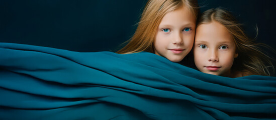 Captivating moments of warmth and style - a winter shot of close friends. Two girls wrapped in a blue blanket