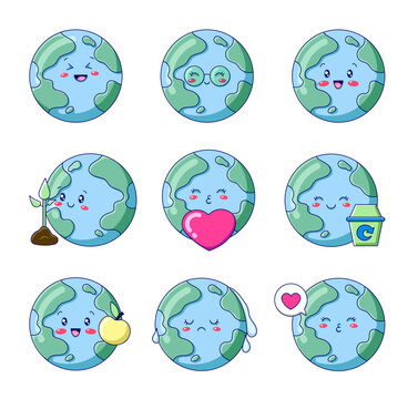 Cute kawaii Earth planet cartoon character. Globe with different face. Hand drawn style. Vector drawing. Collection of design elements.