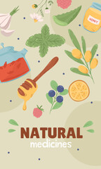 Fototapeta premium Collection of disease treating natural medicine. Collection of natural ingredients and wild fruit product, honey and jam, teapot. Concept of illness treatment, healthcare. Vector illustration