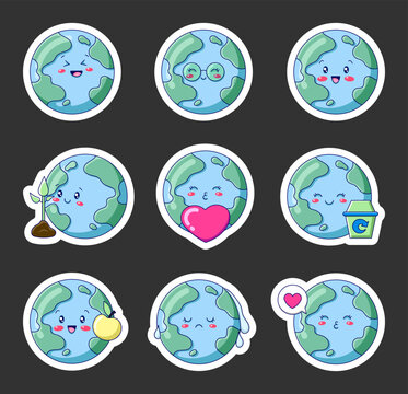 Cute kawaii Earth planet cartoon character. Sticker Bookmark. Globe with different face. Hand drawn style. Vector drawing. Collection of design elements.