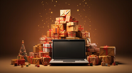Laptop near golden gift boxes on holiday golden background with copy space. New year and Christmas online shopping concept. Cyber monday, black friday, online shopping, shipping and global connections