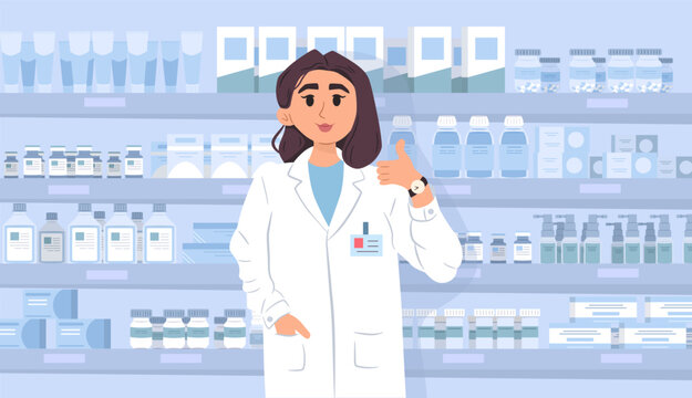 Female doctor in white suit standing near pharmacy collection with thumb up. Various drugs and pills. Health care. Hospital or clinic drugstore interior. Pharmaceutical business. Vector illustration