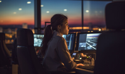 A female air traffic controller sits in the controller's office, which is full of desktop computer displays with navigation screens and flight radar data.