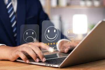 Online customer satisfaction survey feedback and ratings for business success, User give rating to service experience on online application, Quality service evaluation positive customer reviews.