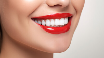 young woman with red lips and perfectly beautiful teeth