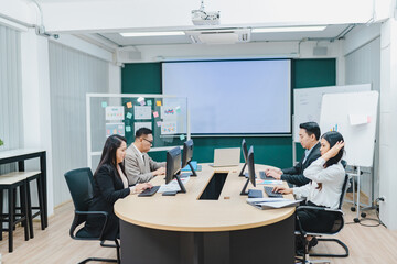 Group of multiethnic business people working and talking discussion in modern office, Businessman and businesswoman sitting around a conference table of business meeting seminar room