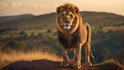 single lion standing proudly on small hill