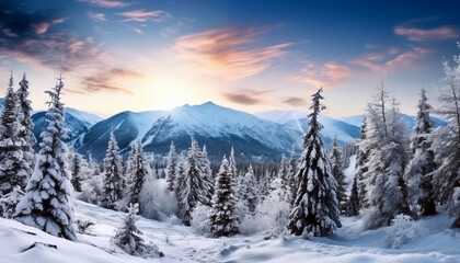 Beautiful in nature. Winter landscape of forest and mountains while sunset.