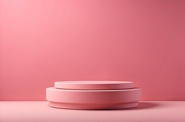 Empty round cylinder pink platform podium for product or cosmetics presentation on pink background. Minimal composition background. Front view - obrazy, fototapety, plakaty