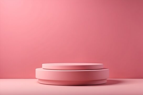 Empty round cylinder pink platform podium for product or cosmetics presentation on pink background. Minimal composition background. Front view