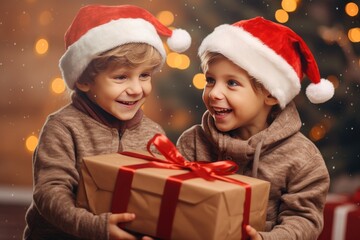 Fototapeta na wymiar two boys children in Santa hat with gifts